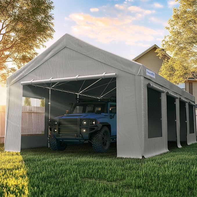 Quictent Heavy Duty 13x25 ft Carports with Side Zipper Doors & Snowproof Steel Cables & Ventilated Windows, Waterproof Storage Shelter for Car, Boat, RV, Outdoor Equipment, Gray