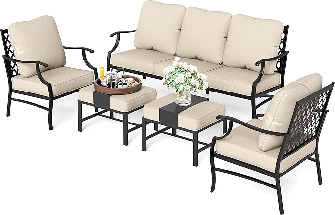 HERA'S HOUSE 5 Piece Patio Furniture Set, 2 x Cushioned Metal Chair, 2 x Ottoman, 1 x 3-Seat Sofa, All Cushioned 7 Seats Outdoor Conversation Set for Lawn Garden Backyard