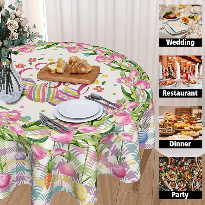Giwawa Happy Easter Round Tablecloth 60inch -Watercolor Spring Flower Tulips Plaid Polyester Table Covers, Washable Indoor Table Cloths Holiday Decor for Farmhouse Kitchen Backyard BBQ Party