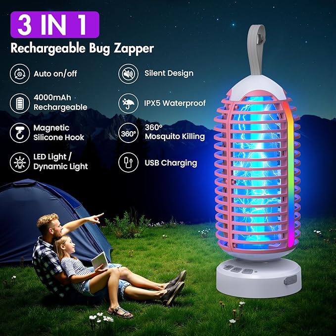 Bug Zapper Outdoor with Colorful Lighting and Auto-Sensing, 3 in 1 Cordless 4000mAh Battery Electric Fly Trap, Rechargeable Mosquito Zapper for Camping, Patios, Garden, Kitchen (1Pack-Pink)