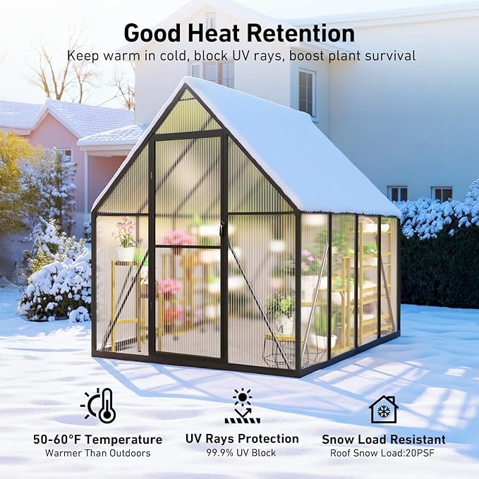 6x8FT Outdoor Greenhouse, Polycarbonate Green House, Small Walk-in Greenhouse with Vented Roof Window, Windproof Aluminum Frame with Quick-Installation Structure, Suitable for Gardening