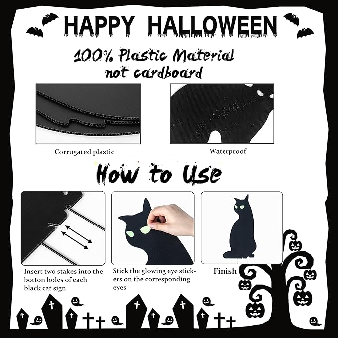 6 Pack Black Cat Yard Signs Halloween Decor with 12 Metal Stakes, Scary Black Cat Halloween Outdoor Decorations with 6 Pairs Glowing Eyes for Home Yard Garden Lawn Party Props Supplies