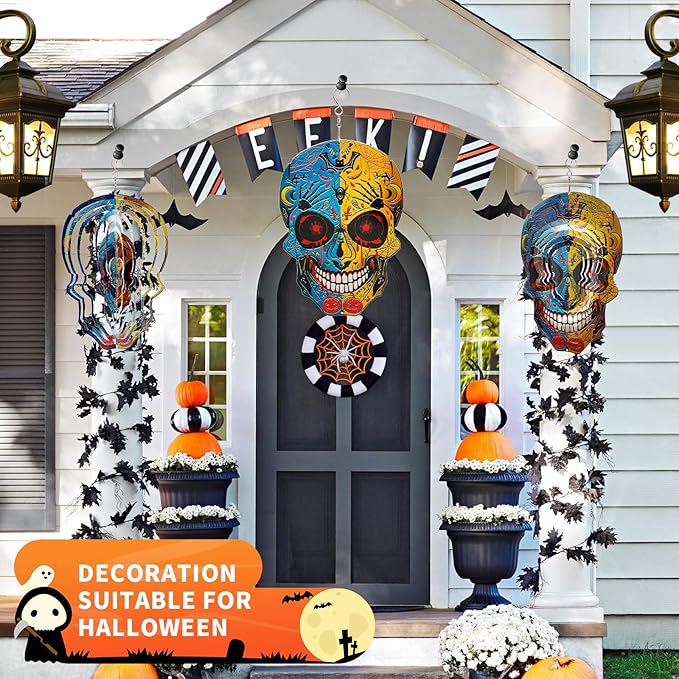 12 inch Halloween Decoration Skull Wind Spinner - 3D Metal Garden Spinner, Mandala Kinetic Art Outdoor Decor -Handcrafted Hanging Ornament for Outdoor,Patio, Yard，Garden