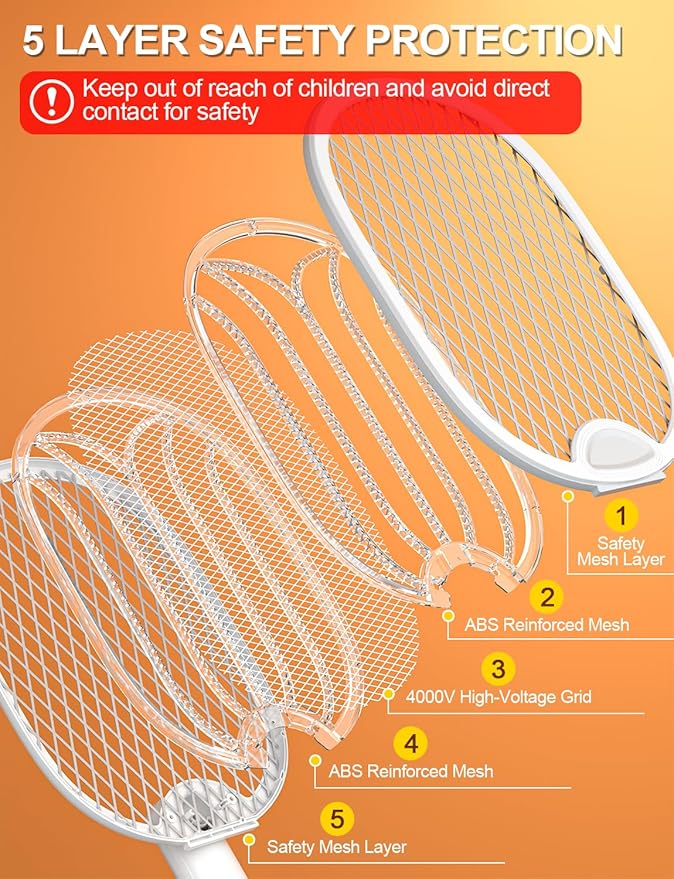 Electric Fly Swatter 3 in 1 Bug Zapper Racket with 4000V 1800mah Battery 5-Layer Safety Mesh 180° Foldable Electric Mosquito Swatter Suitable for Indoor or Outdoor