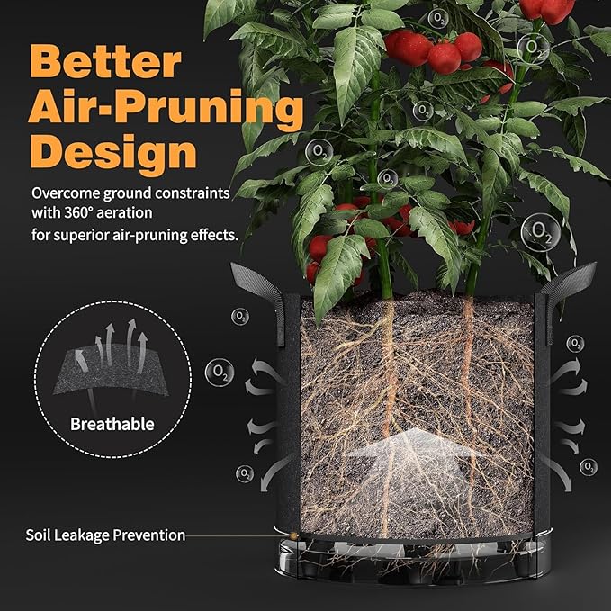 Self-Watering Grow Bags, 5-Pack 10 Gallon 420G Thick Nonwoven Fabric Pots with Reinforced Handles and Multi-Purpose Rings, for Low Stress Plant Training Fruits, Vegetables,and Flowers