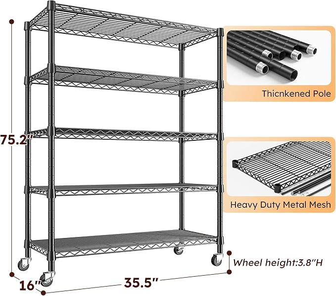 REIBII 1984LBS Storage Shelves with Wheels 75.2"H Wire Shelving Unit, Metal Shelving with Wheels & Feet, 5 Tier Adjustable Metal Dorm Storage Shelves for Pantry Kitchen Garage, 75.2"H x 35.5"W x 16"D