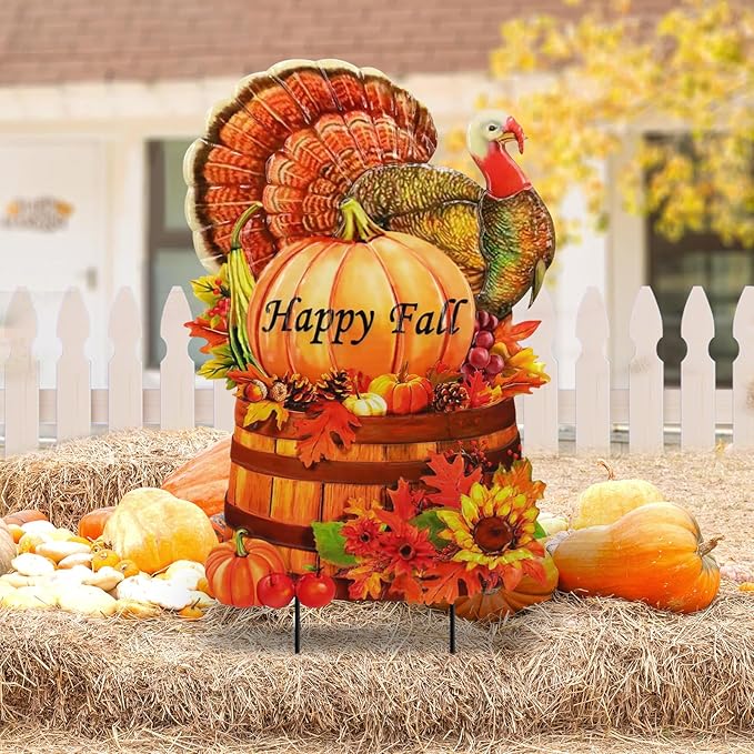 Thanksgiving Turkey Decor,Metal Turkey Stake for Harvest with Pumpkin Sign Outdoor Decoration,Autumn Fall Yard Stakes for Outside