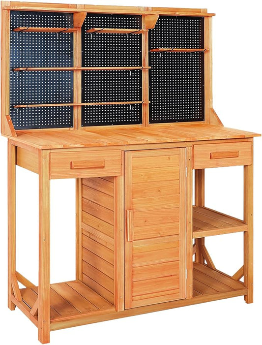 Outdoor Garden Potting Bench, Horticultural Wooden Workstation Table with Storage Drawer, Cabinet, Metal Pegboard, Adjustable Hooks and Shelves for Backyard, Patio, Greenhouse