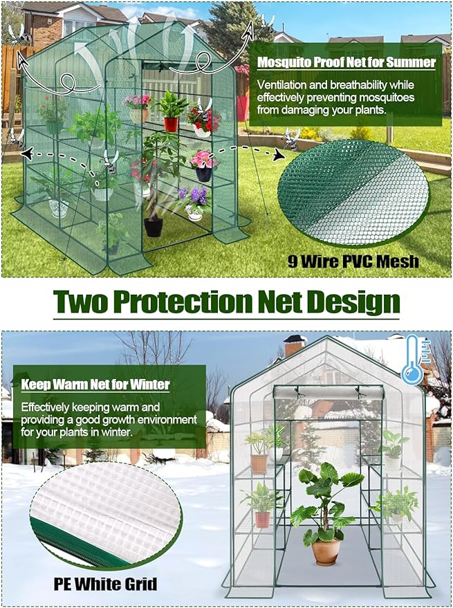 2 in 1 Greenhouse for Outdoors with 2 Protective Net, Kalolary 7FT Portable Walk in Greenhouse Plant Garden Green House for Winter Summer Large Garden Greenhouse with Door Heavy Duty Greenhouse (1PC)