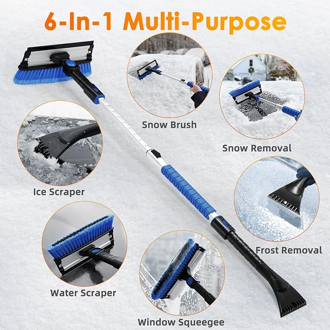 AstroAI 47.2" Ice Scrapers for Car Windshield, 3 in 1 Sturdy Snow Brush with Squeegee, 10 Adjustable Length Settings, Extendable Aluminum Handle, 180° Pivoting Snow Scraper for Car, Truck, SUV(Blue)