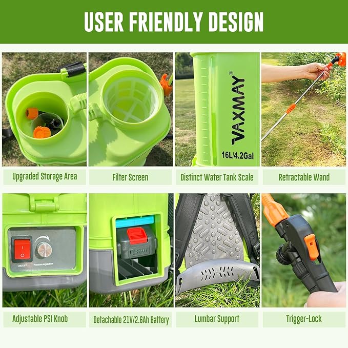 Battery Powered Backpack Sprayer 4 Gallon, VAXMAY 100 PSI Electric Graden Sprayer Works with Makita 18V Battery, Weed Yard Sprayer with Telescopic Wand, 5 Nozzles, 2.6 Ah Battery & Charger Included