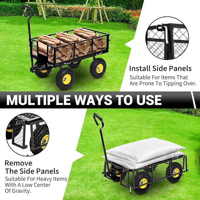 Heavy Duty Steel Garden Cart, 550LBS Pullable Metal Garden Wagon with 10" Wheels, 180° Rotating Handle and Removable Sides for Outdoor, Farm, Yard, Beach ﻿