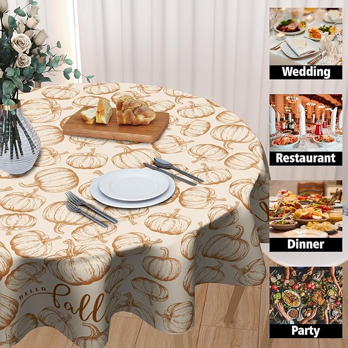 Giwawa Fall Round Tablecloth 60 Inch,Farmhouse Pumpkins Rustic Autumn Reusable Washable Polyester Table Cover for Party Picnic Dinner Indoor Outdoor Use and Seasonal Holiday Decor