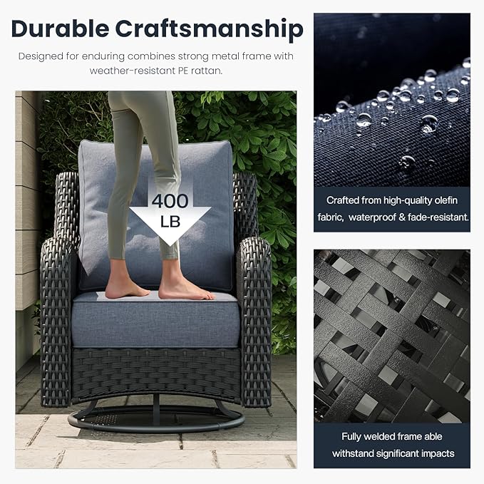 8 Pieces Outdoor Patio Furniture Sets with Rocking Swivel Chairs with 6-inch Thick Cushion and Fire Pit Table for Deck Lawn