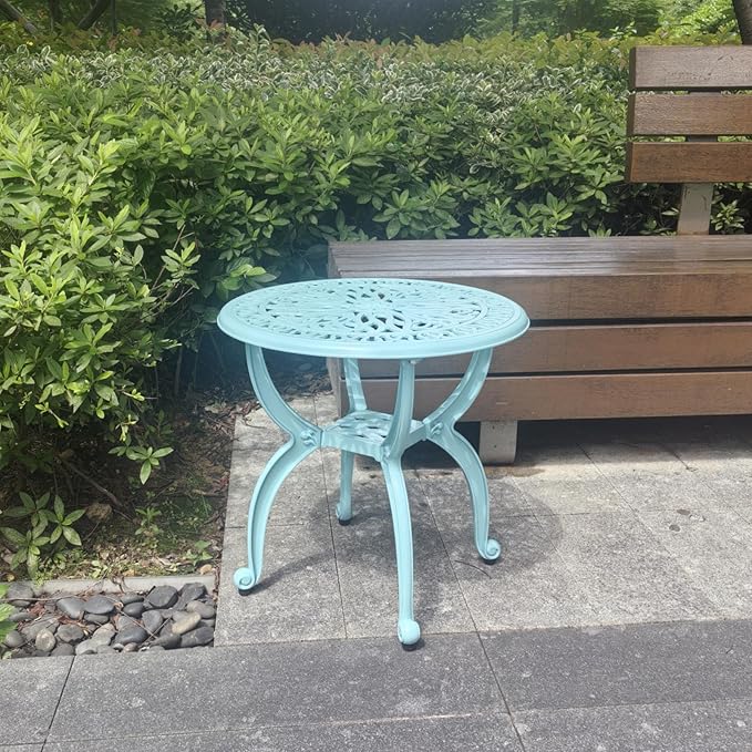 KAILI Outdoor Cast Aluminum Side Table Patio Side Table Backyard, Pool, Indoor, Easy Maintenance and Weather Resistant Coffee Table Porch Table Bistro Table (18.5round-Light Blue)
