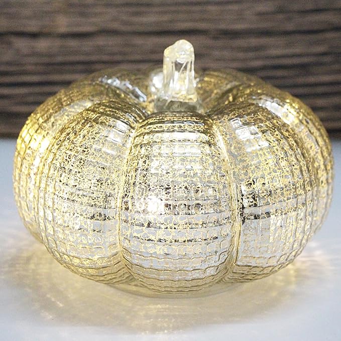 Mercury Glass Pumpkin Lights with Timer, Battery Operated Led Pumpkin Lights for Halloween Fall,Thanksgiving Rustic Decor (Silver Grid-Patterned, 5.5")
