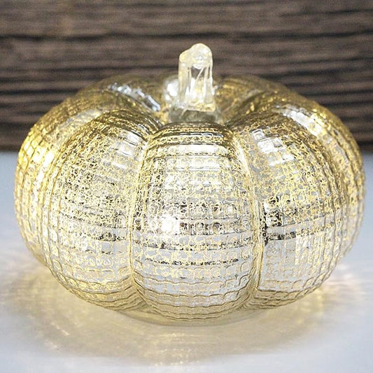 Mercury Glass Pumpkin Lights with Timer, Battery Operated Led Pumpkin Lights for Halloween Fall,Thanksgiving Rustic Decor (Silver Grid-Patterned, 5.5")