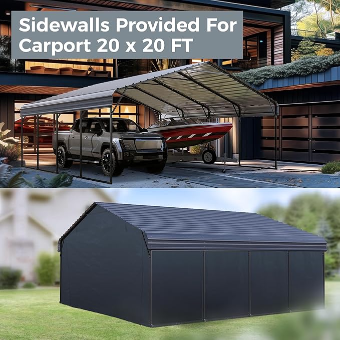 GREEN PARTY 20 x 20 ft Metal Carport Kits with Galvanized Steel Roof & Removable Sidewalls, Heavy Duty Metal Carport Canopy, Outdoor Car Tent Metal Garage Shelter for 2 Car, SUV, Truck and Boats, Gray