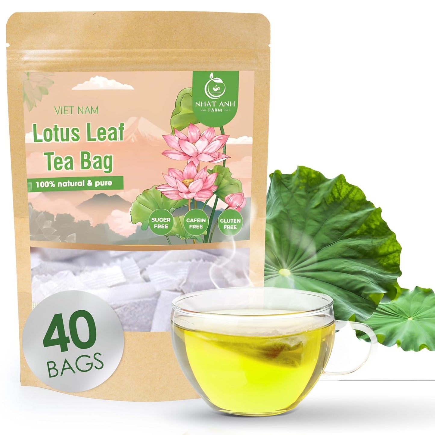 NHAT ANH FARM - Premium Lotus Leaf Tea Bags, 40 Teabags, 100% Natural, Hand-Selected Lotus Leaf Tea Bags, No Additives, Sugar-Free,Caffeine-Free. Good For Your Health.