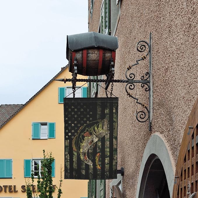 Bass Fishing Camo Camouflage American Flag Green Black Garden Flag Welcome Party Outdoor Outside Decorations Picks Home House Garden Yard Decor 12x18 Inch