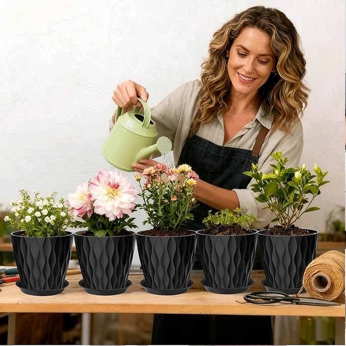 7 Inch Plant Pots Set of 5, Plastic Flower Pots with Drainage Holes and Trays, Planter Pot for Indoor Plants, Decorative Pots for Plants Indoor/Outdoor （Multicolor）