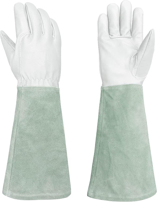 Leather Gardening Gloves – Goatskin Palm & Cowhide Cuff, Thorn-Resistant Long Garden Work Gloves for Men & Women(L)