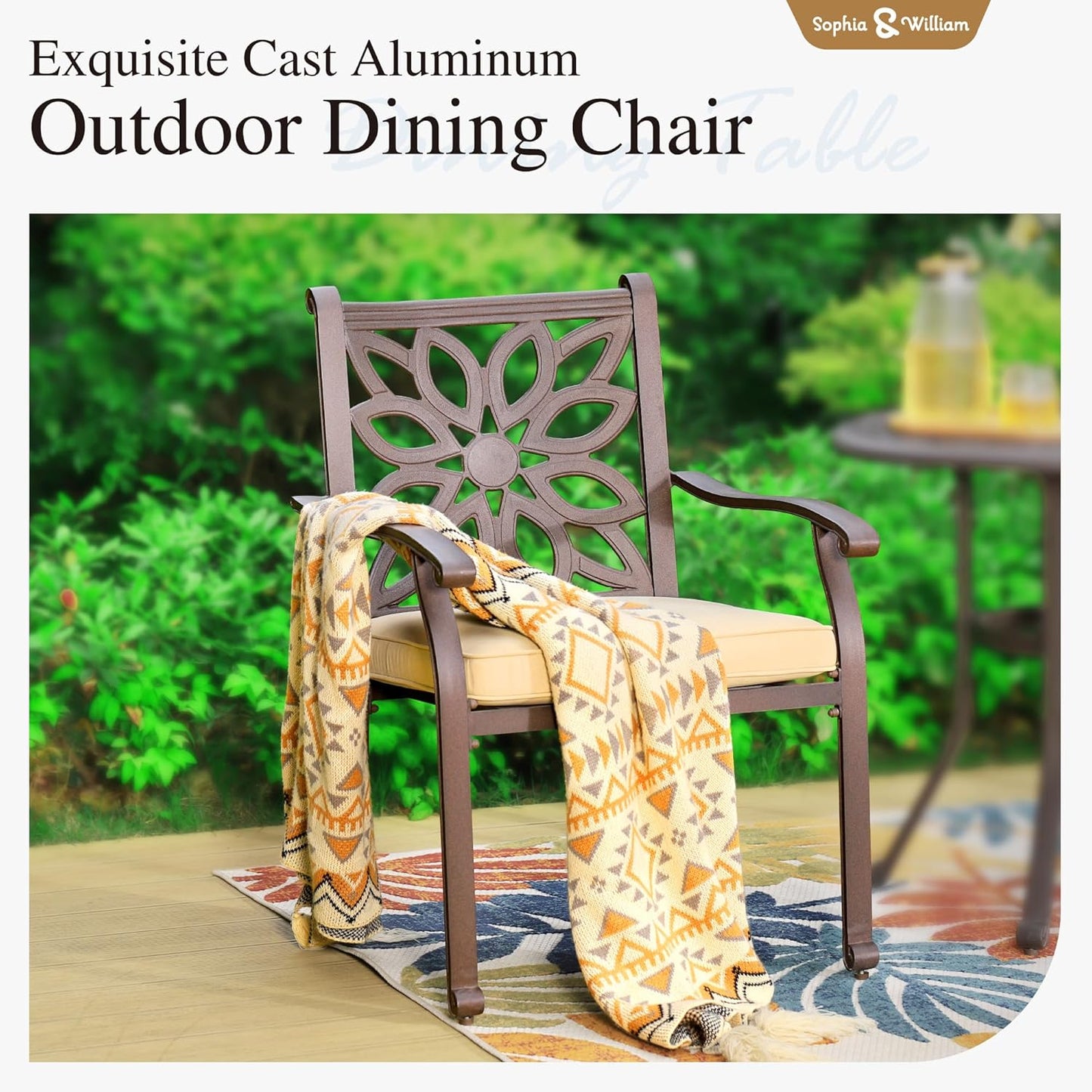 Sophia & William 7 Pieces Cast Aluminium Patio Dining Set for 6 People, Powder-Coating Outdoor Table and 4 Chairs & 2 Swivel Rocking Chairs, Outdoor Patio Table Set with 2.3" Umbrella Hole, Bronze