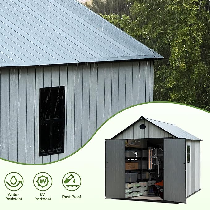 9×7 FT Outdoor Storage Shed, Large Backyard Sheds with Door, All-Weather Plastic Shed with Window, Vents, for Backyard, Patio, Lawn (9×7 FT)