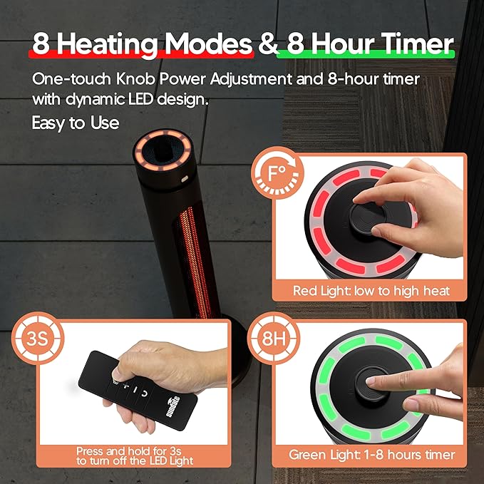 Portable Heater Outdoor Infrared 1500W 8 Heat Levels 8H Timers Carbon Fiber Tube Tip-Over&Overheat Protection IP65 Waterproof Electric Garden Heater, Deep Black