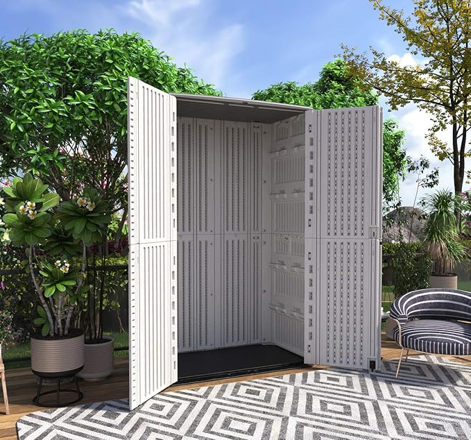 HOMSPARK Storage Shed Weather Resistance, Multi-Purpose Outdoor Storage Cabinet for Backyards and Patios, Horizontal Storage Shed for Lawnmower, Patio Accessories (White, Tall - 53 cu.ft)