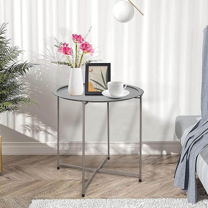 Garden 4 you Folding Tray Metal Side Table 2PC Grey Round End Table Cyan Sofa Small Accent Fold-able Table, Round End Table Tray, Next to Sofa Table, Snack Table for Living Room and Bed Room