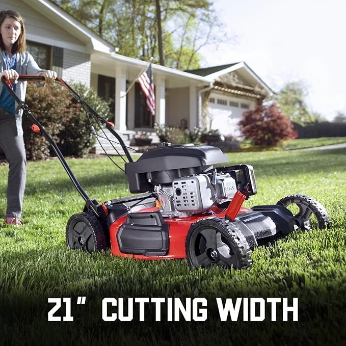 PowerSmart 21-Inch Gas Push Lawn Mower with 125cc Briggs and Stratton Engine, 2-in-1 Mulching Lawn Mower with Side-Discharge, 6-Positions Adjustable Cutting Height (B8721C)