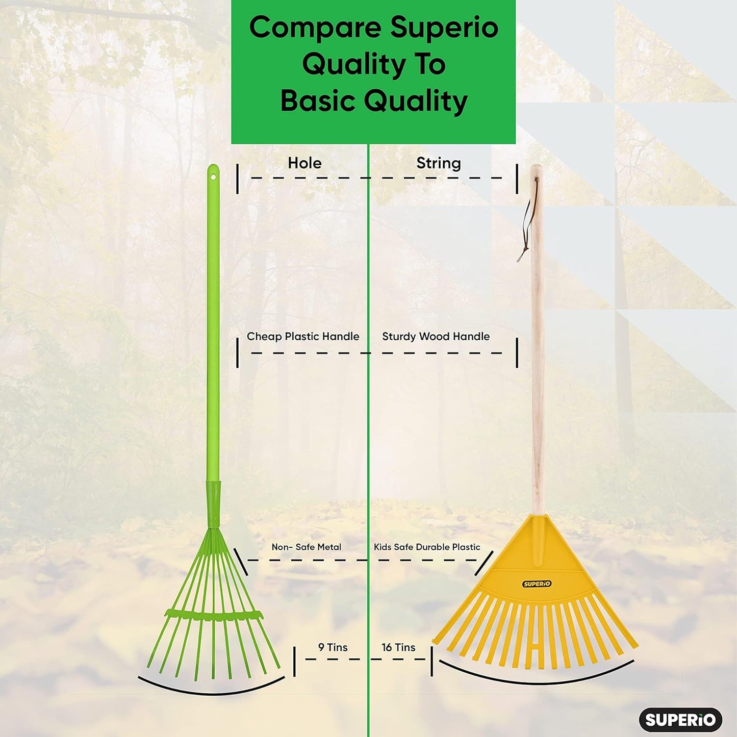 Superio Kids Rake with Hardwood Handle, Durable Plastic Head to Sweep Leaves in Lawn and Tidying Up The Garden, 34" (Kid Size, Yellow, 1-Pack)