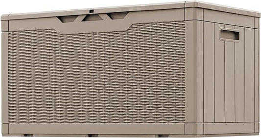 Greesum 100 Gallon Resin Patio Storage Box for Garden Tools, Outdoor Furniture Cushions, Pool Supplies, Light Brown