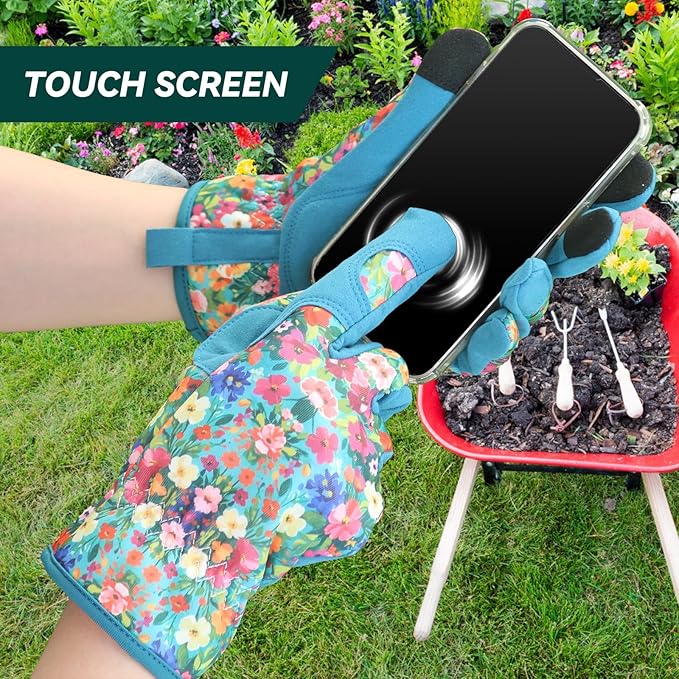 Gardening Gloves for Women, Printed Touchscreen Garden Gloves with Grip, Thorn-Proof Puncture-Resistant Work Gloves
