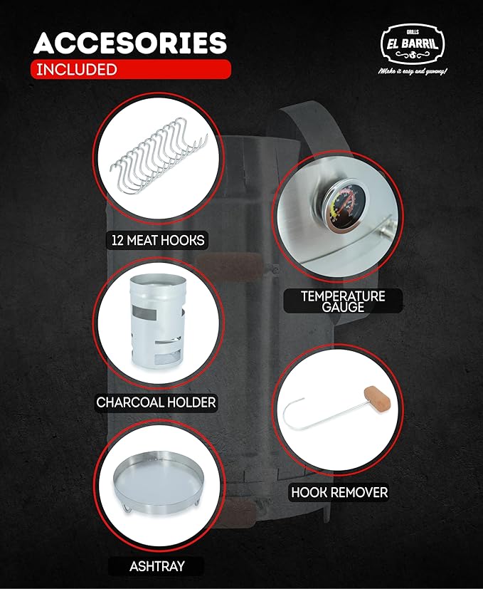 EL BARRIL 30lbs Smoker Grill Combo, Stainless Steel Vertical Barrel Charcoal Smoker. Outdoor Grill with Grilling Accessories