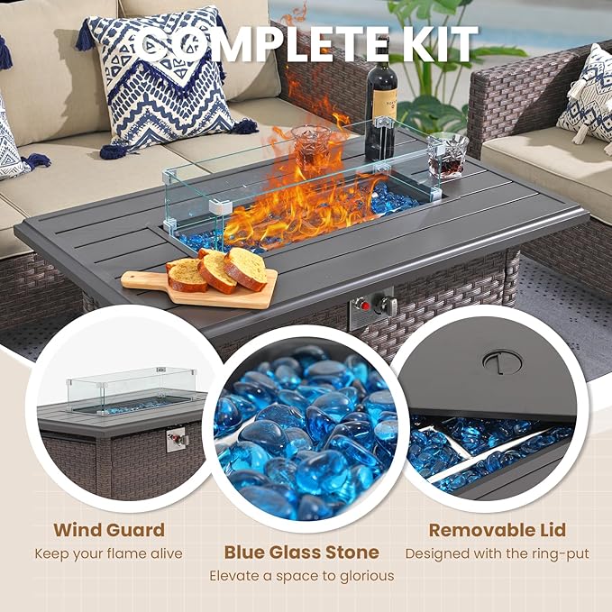 SUNSITT Outdoor Fire Pit Table 43 Inch Wicker Propane Fire Pit with Aluminum Tabletop 50,000 BTU Gas Firepit with Glass Wind Guard, Fire Glass, Lid, Cover, Brown Rattan