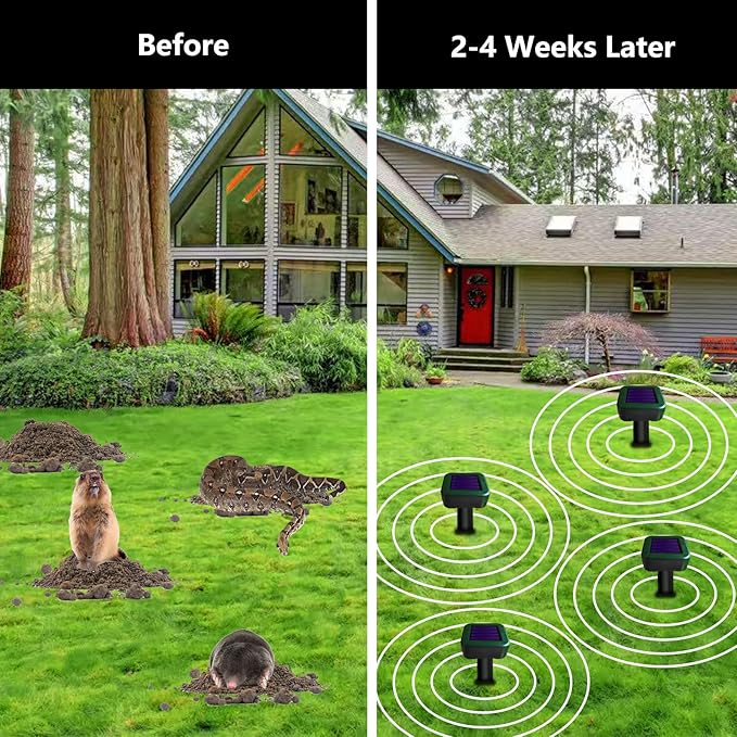 8 Pack Solar Mole Repellent, Outdoor Sonic Mole Spikes, Waterproof Deterrent Ultrasonic Animal Repellant Stakes to Get Gopher Snake Vole Possum Groundhog Rid of in Yard, Safe for Human and Pets
