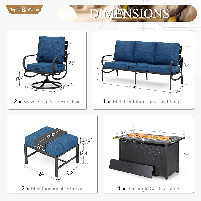Sophia & William Patio Furniture Sets with 45" Gas Fire Pit Table for 7 Outdoor Conversation Sets 6 Pcs, 2 x Swivel Cushioned Sofa Chairs, 1x3-Seat Sofa, 2xOttomans for Backyard Poolside Peacock Blue