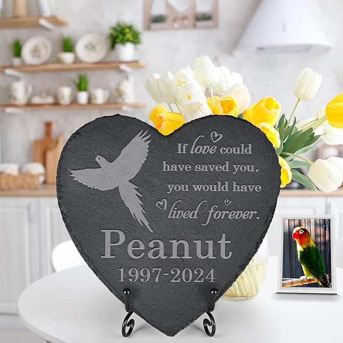 Parrot Memorial Stone Garden Statue - Memorial Gifts - Tombstone - Loss of Pet Gift - Heart