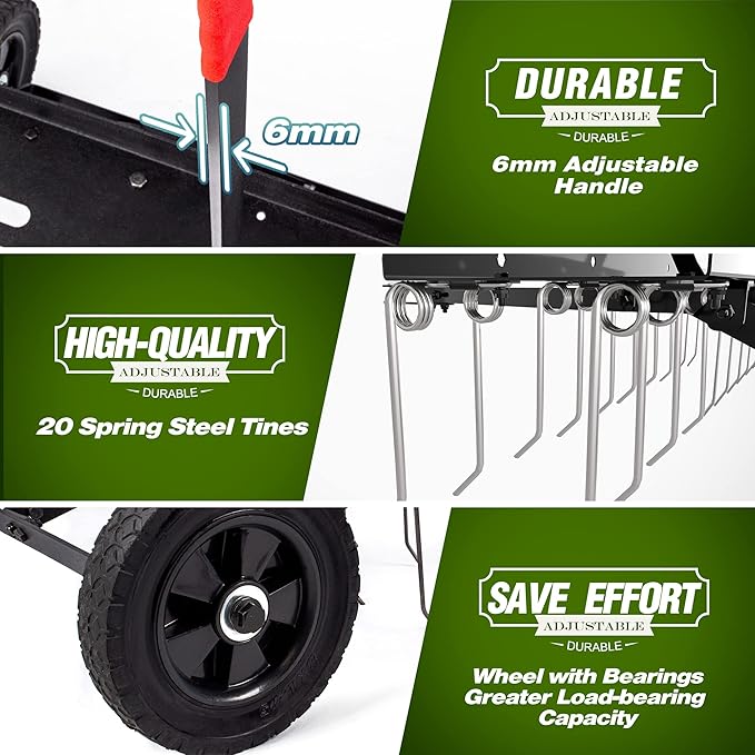 Suchtale 40inch Tow Behind Dethatcher with 20 Spring Steel Tines,Lawn Sweeper Garden Grass Tractor Rake Removes Thatch from Large Lawns, Riding Lawn Mower Attachments for Outdoor Yard Tools Lawn Care