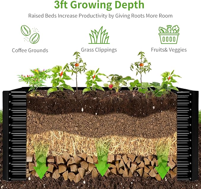 Land Guard 8x4x3ft Rectangular Galvanized Raised Garden Beds, Large-Capacity Metal Planter Box Outdoor, Durable Deep Raised Garden Bed 3ft Tall, Raised Beds for Gardening Vegetables, Dark Grey
