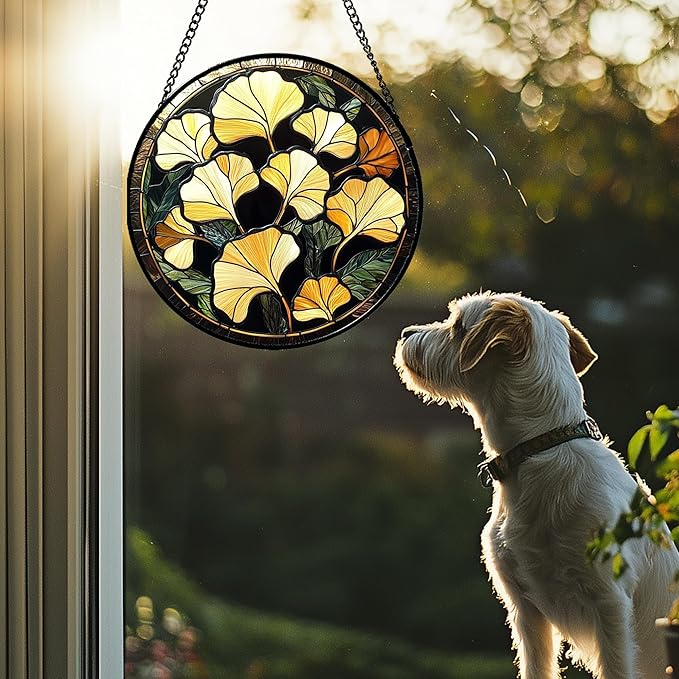 Stained Glass Window Hanging - Ginkgo Leaf Suncatcher for Doors Garden Patio Retro Fall Decor Sun Catchers Christmas Mother's Day Birthday Gifts for Women Men Mom Nana Friend 15 in
