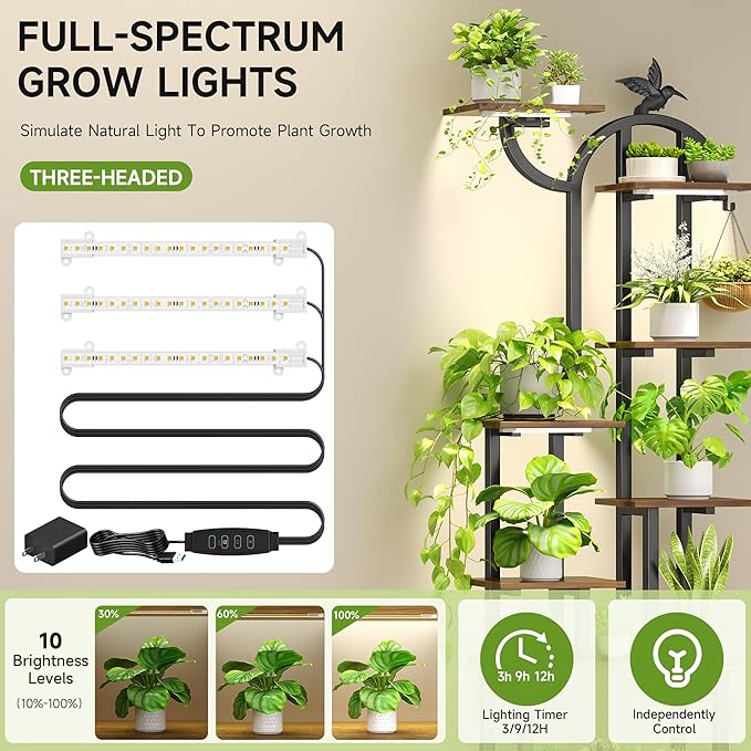 Plant Stand Indoor with Grow Lights, 63" Metal Plant Stand for Indoor Plants, 8 Tiered Tall Plant Shelf with Magnetic Cable Organizers and Decorative Bird, Plant Holder for Patio, Living Room, Home Decor