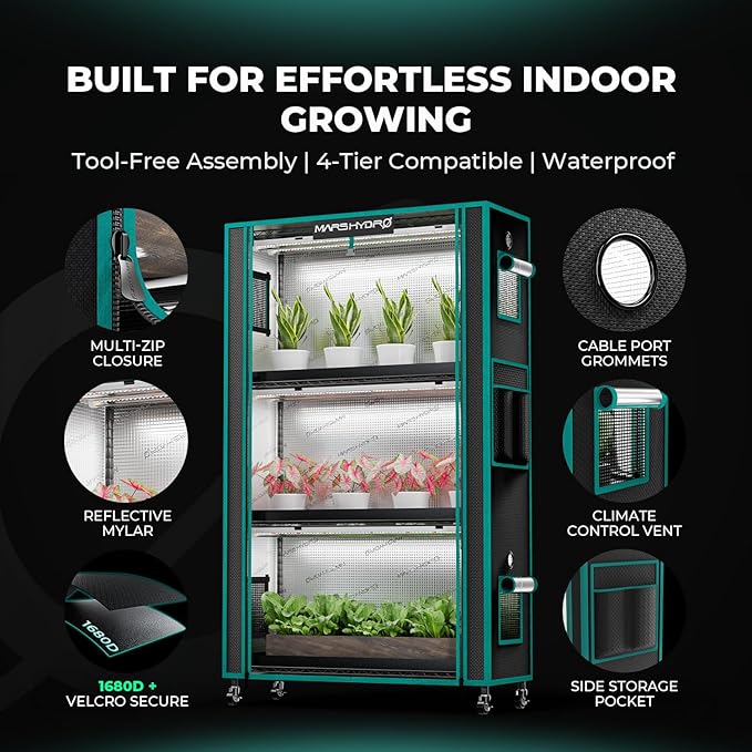 MARS HYDRO 2025 Plant Stand with Grow Lights,4-Tier Plant Shelf with 6 Full Spectrum LED Lamps (150W, 3ft) & Grow Tent | for Vegetables, Seedlings, Plant Growth | 5000K, 37×14×59''