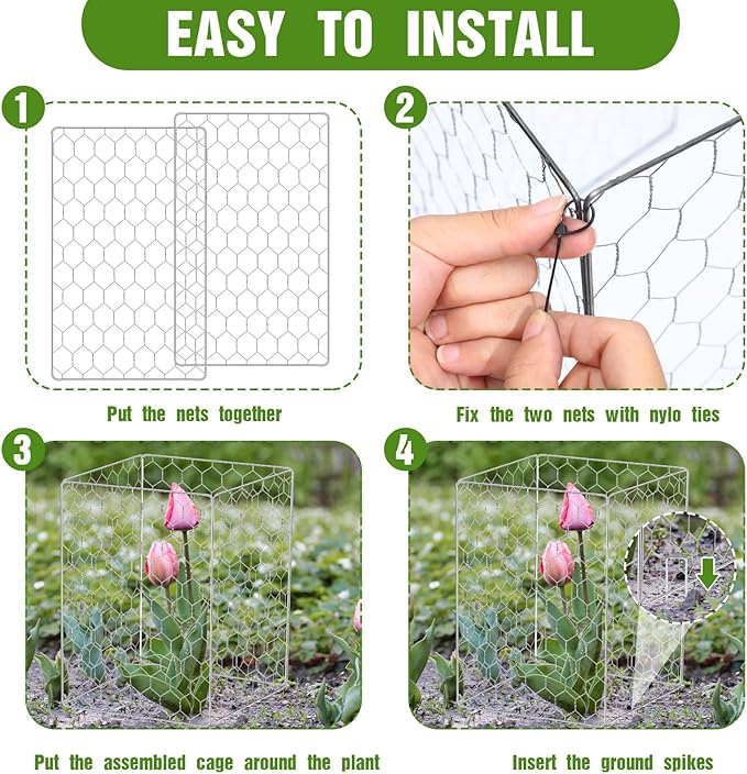 16 Set Wire Plant Protectors Square Wire Plant Cages Chicken Wire Cloche Mesh Plant Cage with 64 Ground Stakes and 200 Nylon Ties Protect Plants, Garden, Vegetables from Animals(12 x 20)