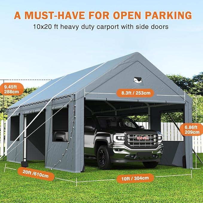 Carports 10X20 Heavy Duty，Portable Car Port Garage，Carport Canopy with Side Doors，Outdoor Car Shelter All Weather,Grey