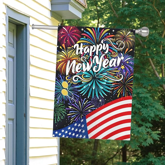Happy New Year Garden Flag New Year Eve House Banner Double Sided American Flag Fireworks Wall Banners Balloon Holiday Celebration Party Yard Flags for Winter Festival Greetting 28 x 40 Inch