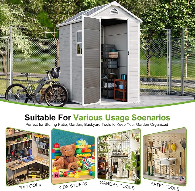 4x6 FT Small Plastic Shed Resin Outdoor Storage with Floor Included, Waterproof Mini Garden Tool Sheds Cabinet