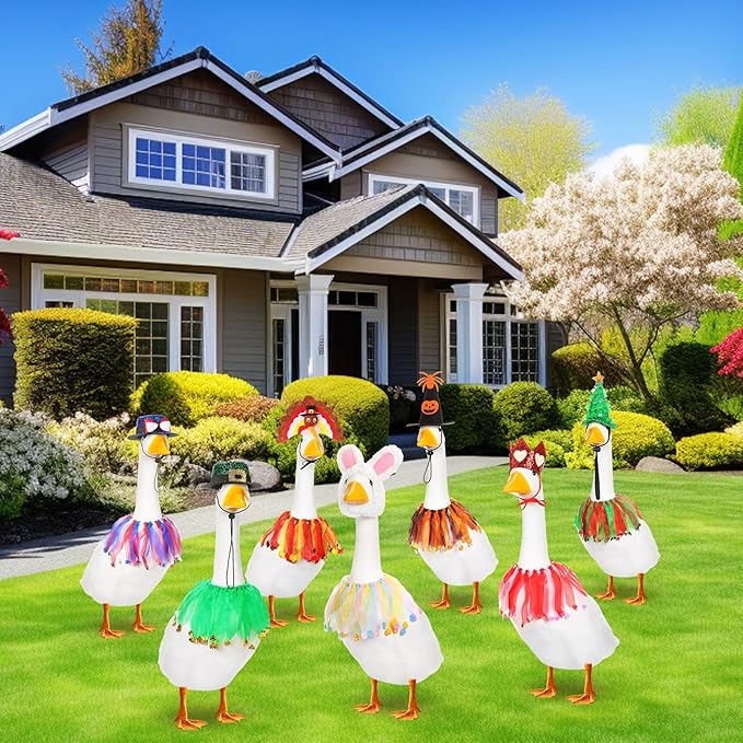 7 Set Holiday Porch Goose Outfits St. Patrick Easter 4th of July Halloween Thanksgiving Christmas Lawn Goose Clothing Hat and Tutu Collar Goose Outfit for 23" Goose Patio Yard Decor